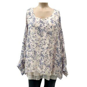 Sundance Silk Flowy Layered‎ Hem Tunic Overlay Blouse Blue Floral Print Women S